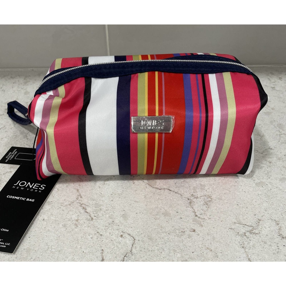 Bright Stripe Travel Bag Case Nylon Cosmetic Makeup Pencil Clutch JONES NY 8x4x4